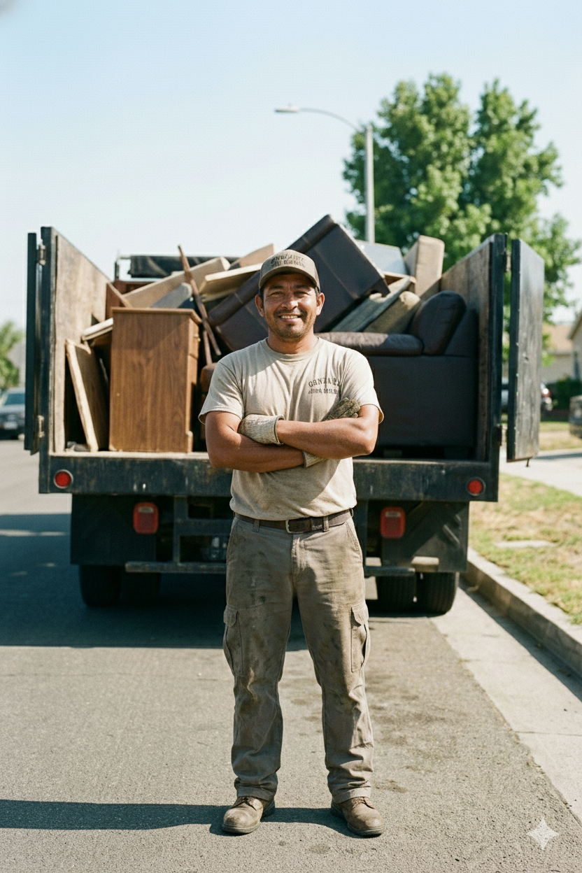 Owner of junk removal standing front of his truck smiling